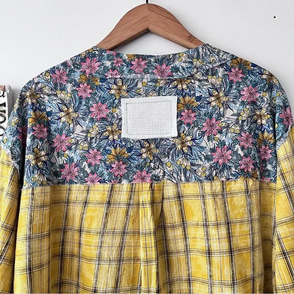 POL Boho Waffle Knit Henley Mixed Plaid Floral Print Women’s Long Sleeve Top L - Picture 8 of 12